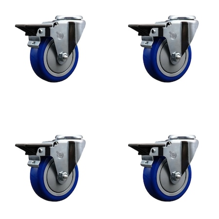 Service Caster 4'' Blue Poly Wheel Swivel Bolt Hole Caster Set with Posi Lock Brakes, 4PK SCC-BH20S414-PPUB-BLUE-PLB-4
